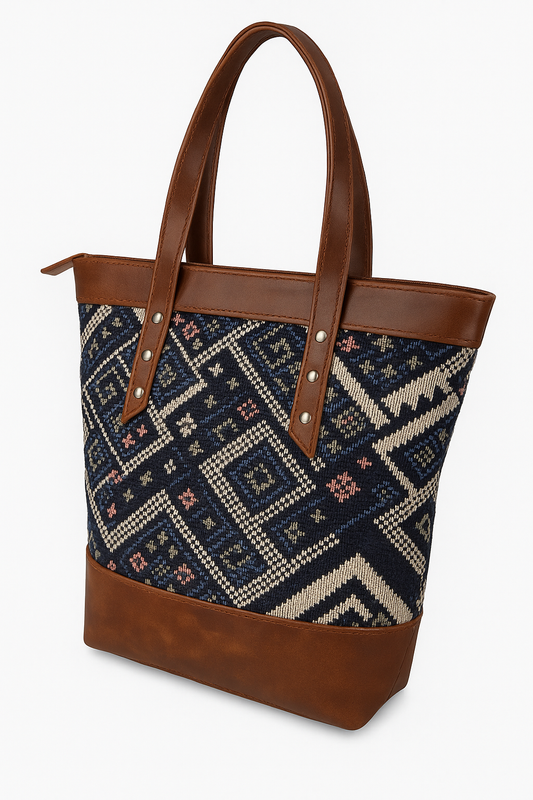M RUFOUS Boho Chic Canvas & Faux Leather Tote Bag for Women – Ethnic Printed Handbag