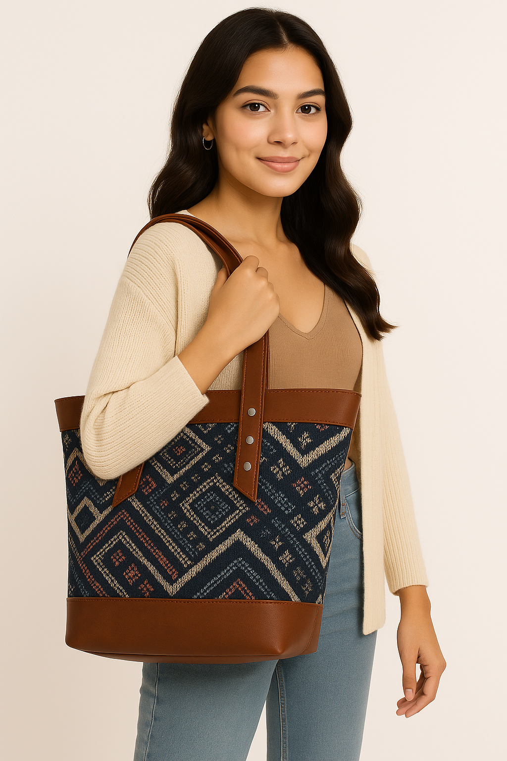 M RUFOUS Boho Chic Canvas & Faux Leather Tote Bag for Women – Ethnic Printed Handbag