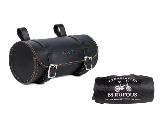 M RUFOUS Classic Black Leather Saddle Bag – Handcrafted Bike Pannier with Free Waterproof Cover & Keyring